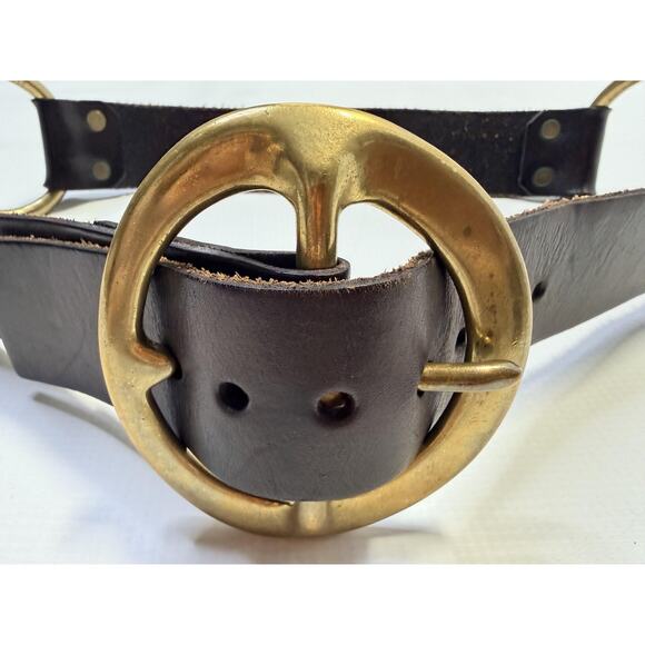Red Monkey Belt Mens Black Leather Solid Brass Round Buckle Double O-Ring Heavy - Picture 2 of 9